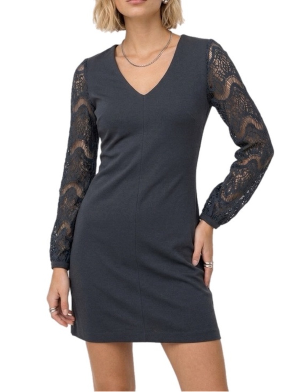 Kut from the Kloth | Black V-Neck Dress Lace Long Sleeves Mini Dress